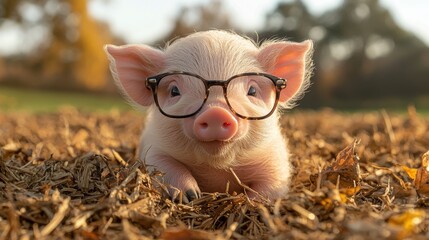 A cute piglet wearing glasses relaxes in a sunny field surrounded by straw, enjoying the warmth of a bright afternoon