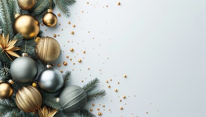 Christmas background. Green and gold balls, fir branches on a light background. Flat lay, top view.