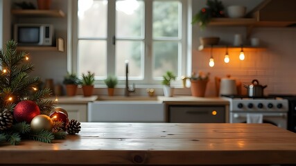 Empty table in the kitchen for presentation. Christmas decor.