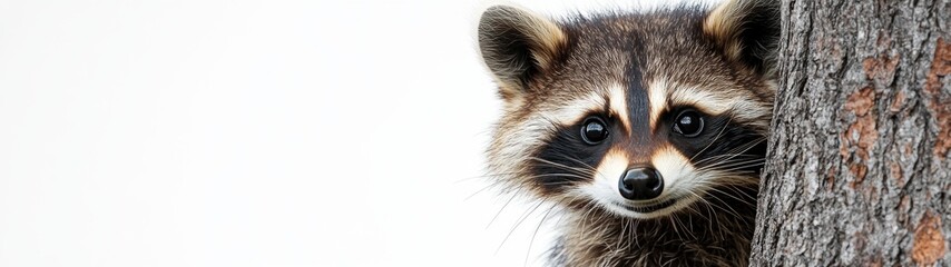 Curious Raccoon Behind Tree, A playful raccoon emerges from behind a tree, its inquisitive gaze captivating, set against a pristine white backdrop, inviting wonder and delight.