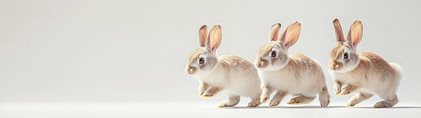 Obraz premium Family of rabbits leaping joyfully through a vibrant garden, surrounded by lush greenery and colorful flowers, set against a clean, bright backdrop.