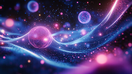 A digital art representation of quantum particles in the foreground, with glowing energy waves and abstract shapes surrounding them on an ethereal background