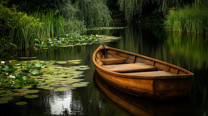 wooden rowboat on tranquil lake with lily pads and lush greenery - serene summer nature scene