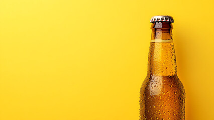 A bottle of beer with water droplets on it, against a yellow background.