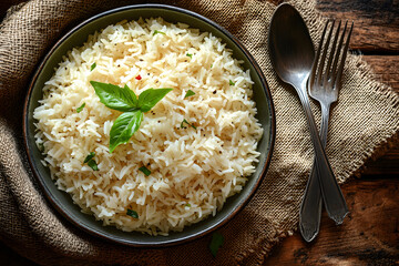 Bowl of Steamed Basmati Rice with Basil Leaf