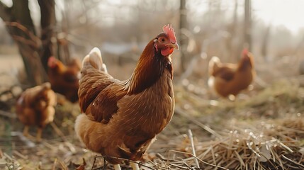Fototapeta premium Posing brown chickens farmers concept laying hens
