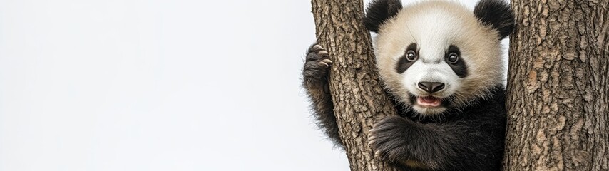 Fototapeta premium Playful Panda in Tree, a charming full-body portrayal of a panda engaging with its environment, showcasing its playful nature against a clean white backdrop.