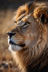 Obraz premium Side view of majestic lion face closeup portrait.
