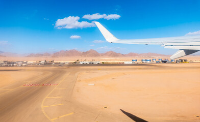 View from the airplane window during takeoff in Sharm el-Sheikh, Egypt.