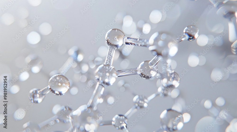 Poster a close-up view of molecular structures with transparent spheres, creating a visually striking repre