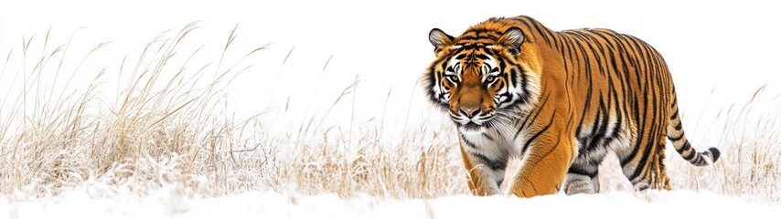 Fototapeta premium Sleek Bengal Tiger in Tall Grass, a striking full-body portrait showcasing a graceful Bengal tiger in motion, surrounded by lush green grass against a pristine white backdrop.