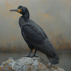 Black Cormorant Perched on a Rock by the Water