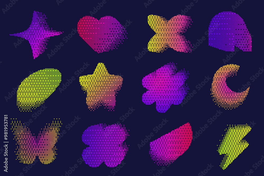 Poster pixel pattern shapes. textured heart flower and star with bitmap y2k dither gradient. retro vector b