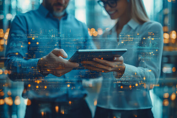 Two colleagues review data on a tablet.