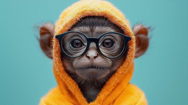 A small monkey wearing a bright orange hoodie and glasses poses against a light blue background, showcasing its adorable features