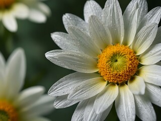 White flower with intricate petals and yellow center on a soft green background.