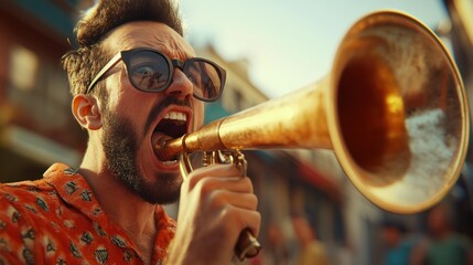 Fototapeta premium Young man, honking a horn. Screaming about Black Friday discounts.