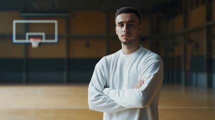A dedicated young male coach poses with his arms crossed in a basketball gym, showcasing his readiness to mentor and motivate players during evening training