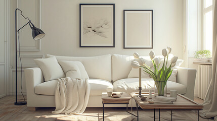 A cozy living room scene featuring a white sofa adorned with pillows and a wooden coffee table, complemented by a vase of tulips, creating a warm and inviting space for lifestyle.