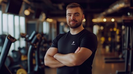 Fototapeta premium The young male coach stands confidently with arms crossed in a gym, inspiring athletes during an evening training session focused on fitness and teamwork
