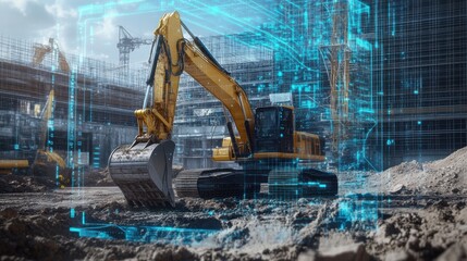Futuristic hologram of an excavator on a construction site, enhanced by blue data visuals and advanced tech
