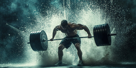 A muscular man lifts heavy barbell, showcasing strength and determination amidst dramatic backdrop of water splashes and mist. scene captures intensity of weightlifting and dedication of fitness enthu