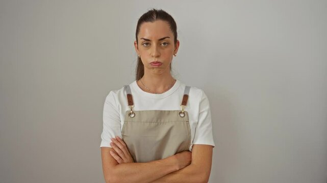 Young woman with brunette hair in a work apron standing with arms crossed over an isolated white wall background