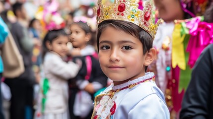 Fototapeta premium Un niño pequeño con una corona dorada y colorida participa en un festival tradicional. Su expresión refleja la emoción y la alegría de la celebración.