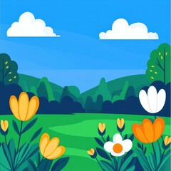 Obraz premium Experience serenity in a vivid landscape, where lush greens meet bright blues for a refreshing, peaceful escape.