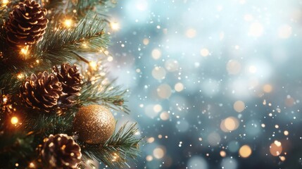 Abstract Christmas background with empty space. Glitter, bokeh lights. Copy space for your text. Merry Xmas, Happy New Year. Festive backdrop.