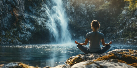 Obraz premium A serene scene of person meditating by tranquil waterfall, surrounded by natures beauty. calm water reflects peaceful atmosphere, enhancing sense of relaxation and mindfulness