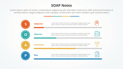 SOAP note infographic concept for slide presentation with horizontal bar percentage with 4 point list with flat style