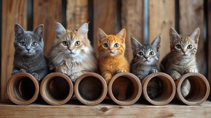 Five adorable cats of different breeds resting on wooden tubes in a cozy indoor setting during the afternoon