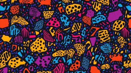 Naklejka premium Experience a captivating retro design with layered shapes and bold animal prints enhanced by a chic black backdrop.