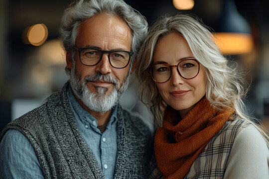 A mature couple with graying hair look lovingly at the camera.