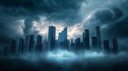 Fototapeta premium Cityscape with Dramatic Lightning Storm and Fog