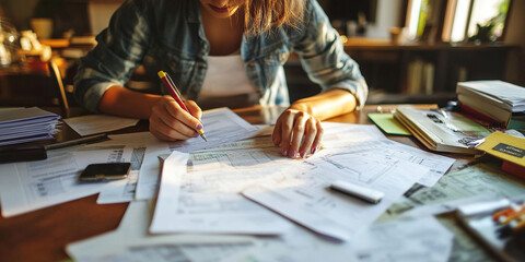 A person is focused on drafting plans and sketches at cluttered desk filled with documents and stationery. atmosphere conveys creativity and concentration