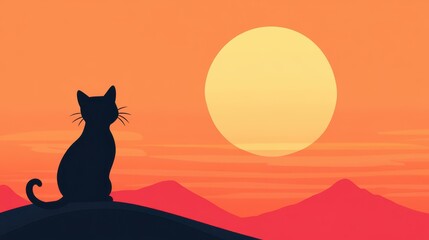 A chic flat design captures a serene kitty enjoying the peaceful dawn light. Perfect for cat lovers and art enthusiasts.