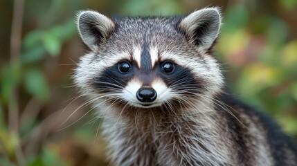Obraz premium Close-up view of a raccoon in a natural setting during the day, showcasing its distinctive features and playful demeanor
