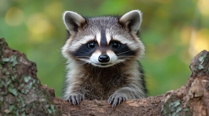 Obraz premium Raccoon peeking over a wooden log in a lush forest setting during daylight hours