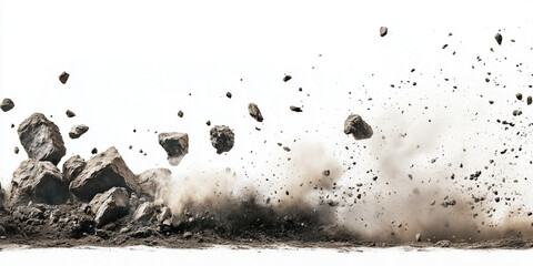 A dynamic, action-packed image of dirt, rocks, and debris being blasted into the air, with fine dust clouds and particles spreading out