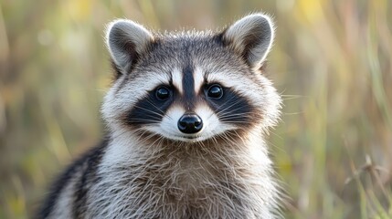 Naklejka premium Raccoon in natural habitat during golden hour, showcasing its distinctive facial markings and curious expression in a grassy setting