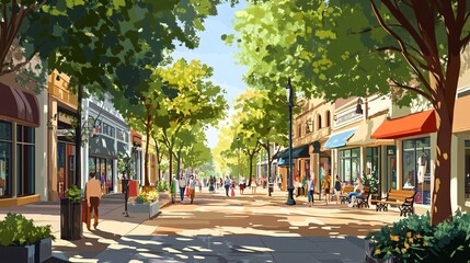 Sunny Day City Street with Shops  Trees  and People