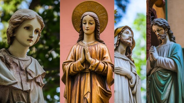 Cuatro estatuas religiosas de santos, cada una con expresiones de oraci&oacute;n y devoci&oacute;n, durante el D&iacute;a de Todos los Santos. Reflejan una profunda espiritualidad y simbolismo sagrado.