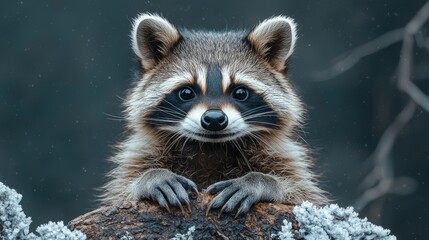 A curious raccoon peeking over a log in a forest during a serene winter morning