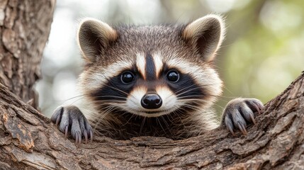 Curious raccoon perched on a tree branch in a forest during daylight, showcasing its playful nature and keen eyesight