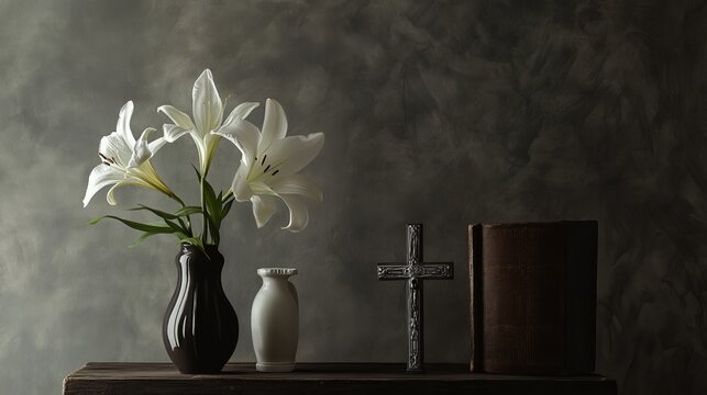 Lirios blancos en un jarr&oacute;n junto a una cruz y un libro en una mesa, creando una escena sobria y espiritual durante el D&iacute;a de Todos los Santos. La luz suave destaca la pureza y el simbolismo de la ima