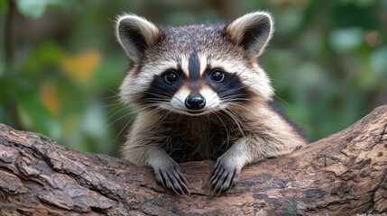 Raccoon perched on a tree branch in the forest during daylight, curiously observing its surroundings