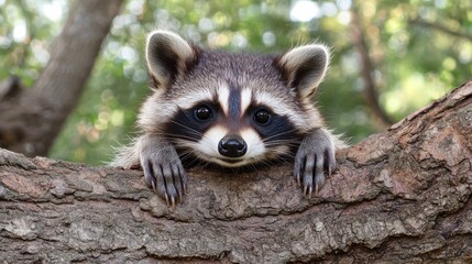 Curious raccoon perched on tree branch in a lush forest, enjoying a moment of stillness during the afternoon light