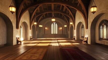 Fototapeta premium A grand, arched hallway with wooden beams, lanterns, and intricate rugs.